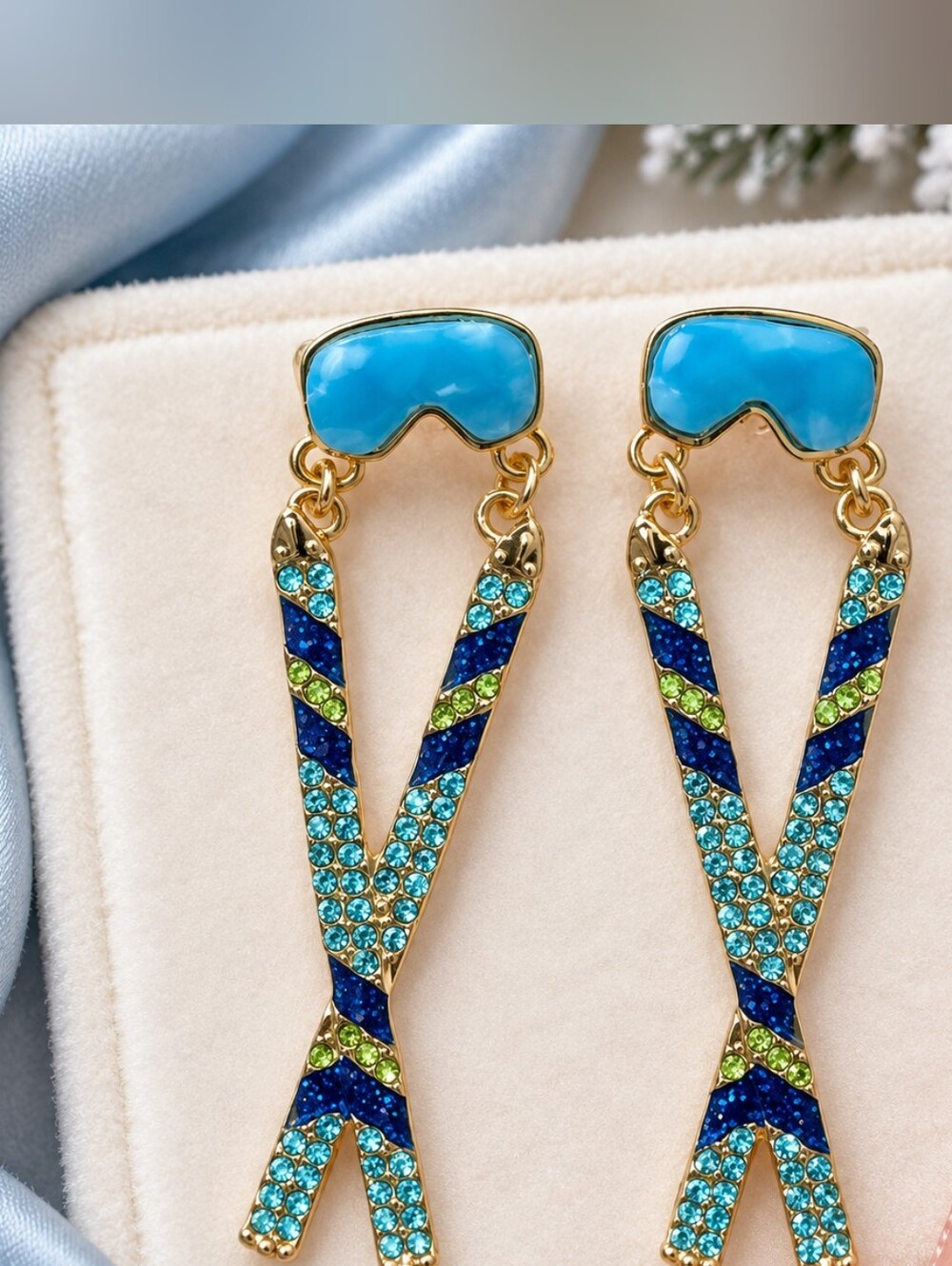 Crown & Ivy Blue Green Rhinestone Ski Goggles Dangle Earrings Gold Tone, NWT